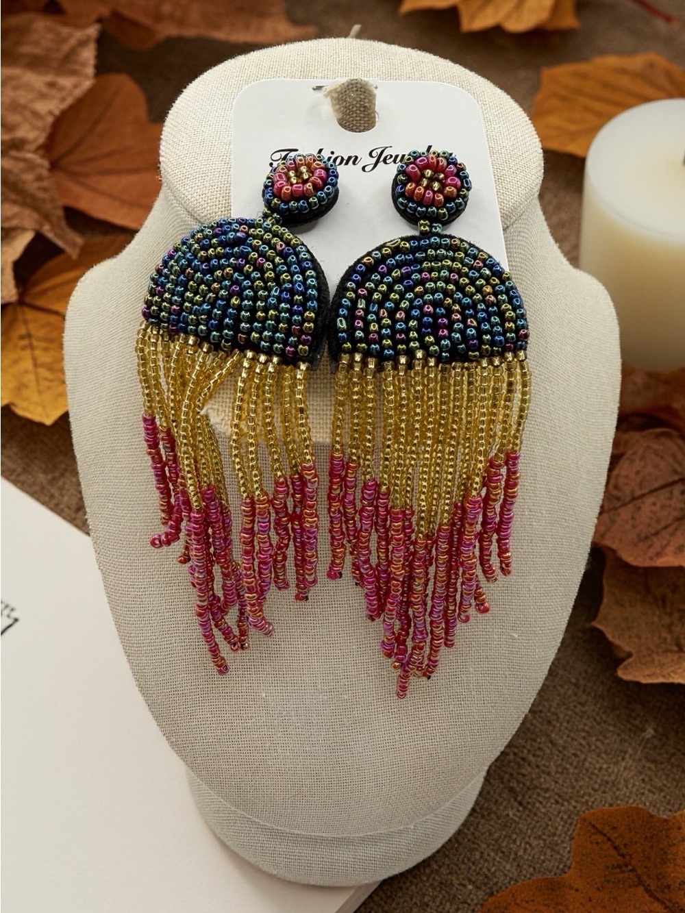Boho Handmade Beaded 4.5” Tassel Earrings Colorful Long Fringe NWT